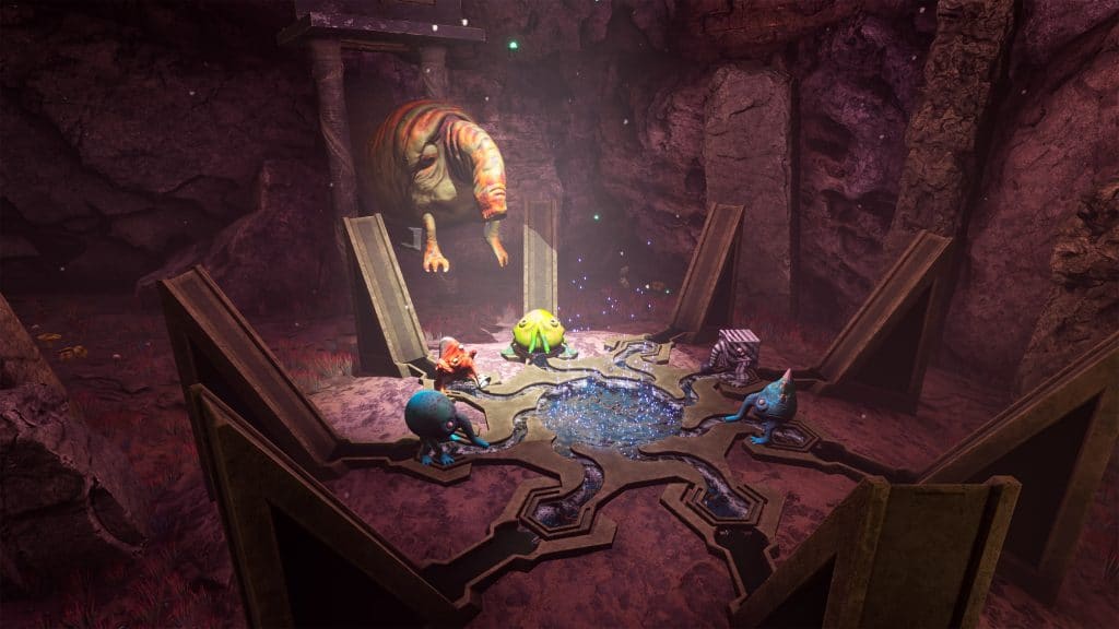 "The Eternal Cylinder" screenshot showing a Trebhum group gathered around a pool in a shrine, with an elder above.
